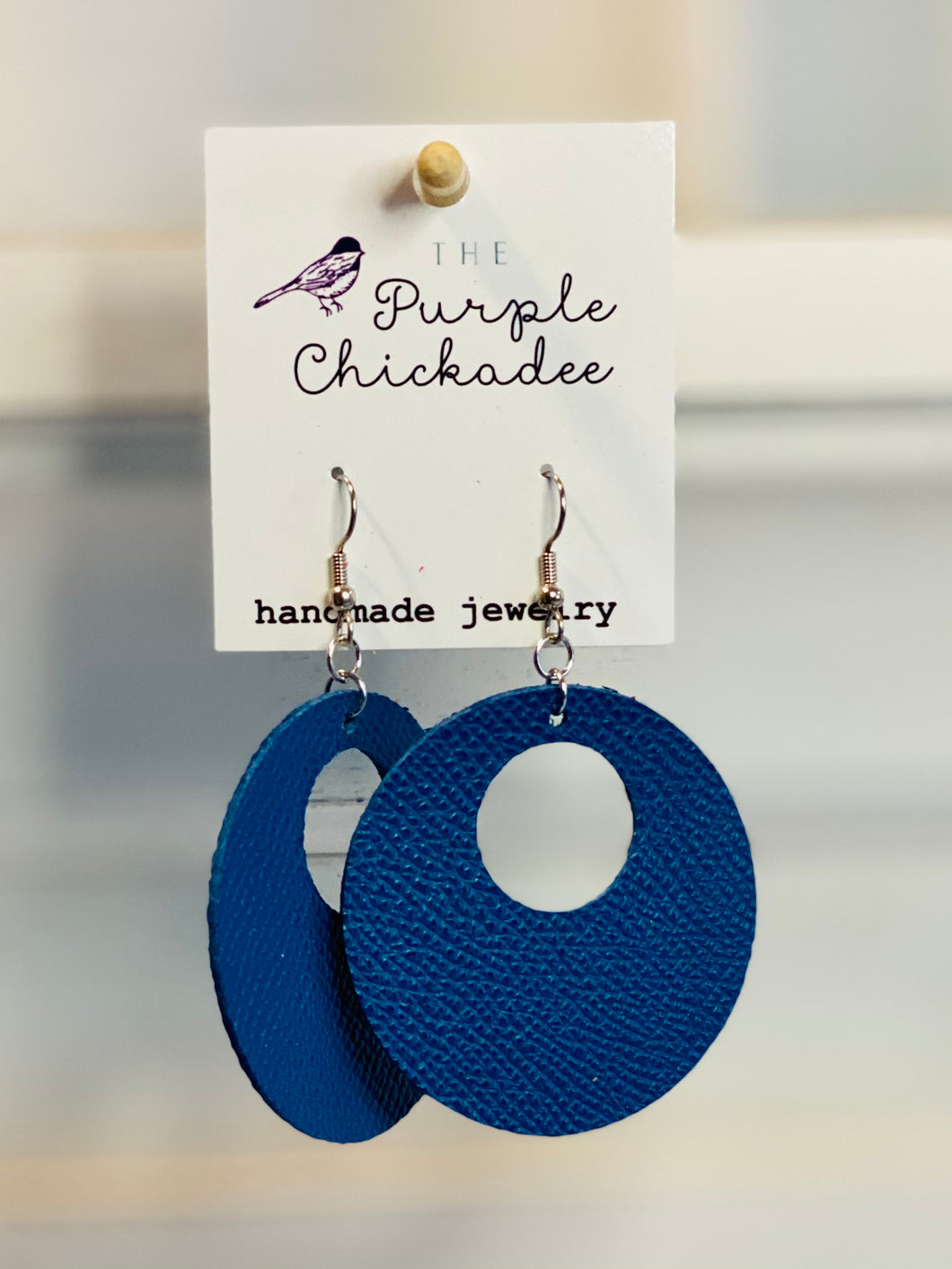 Deep Sea Blue Circle Leather Earrings