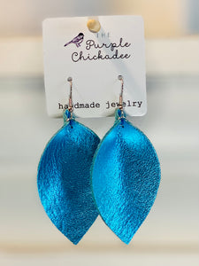 Metallic Blue Pinched Leather Earrings