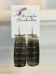 Grey Woven Large Bar Leather Earrings