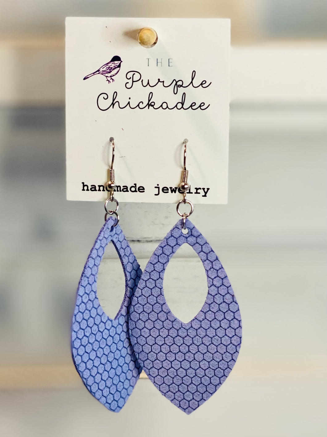 Periwinkle Honeycomb Leather Open Teardrop Earrings