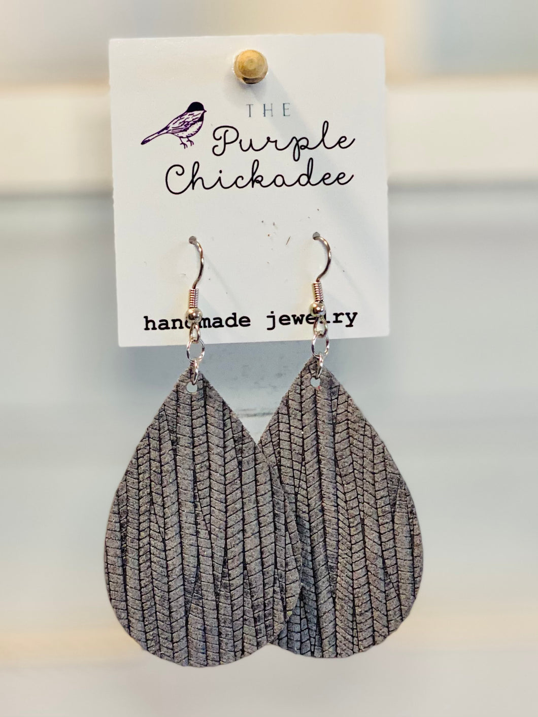 Ash Grey Leather Teardrop Earrings