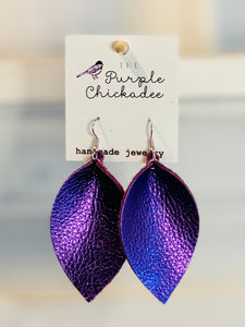 Metallic Purple Pinched Leather Earrings